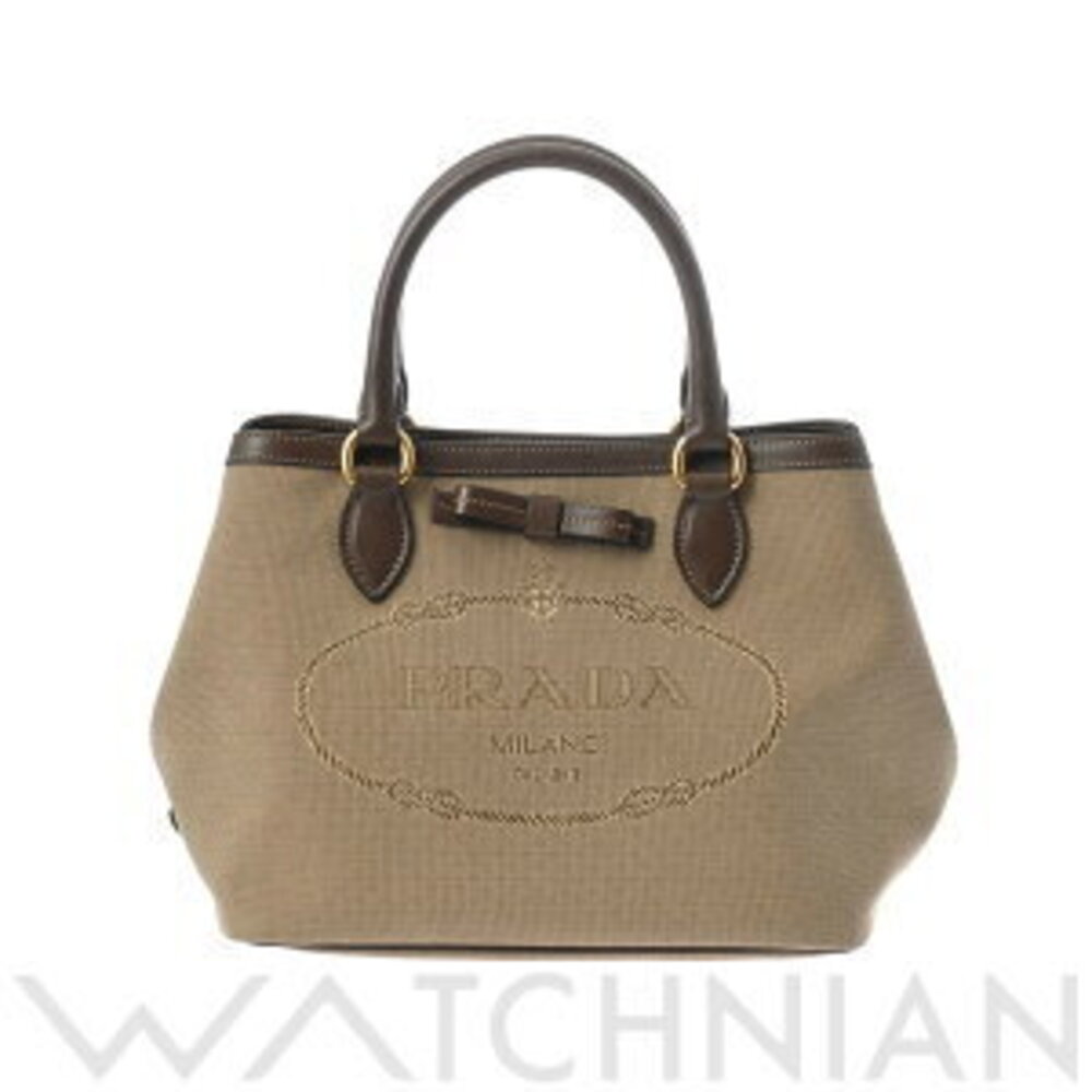Prada handbag beige brown canvas leather tote bag